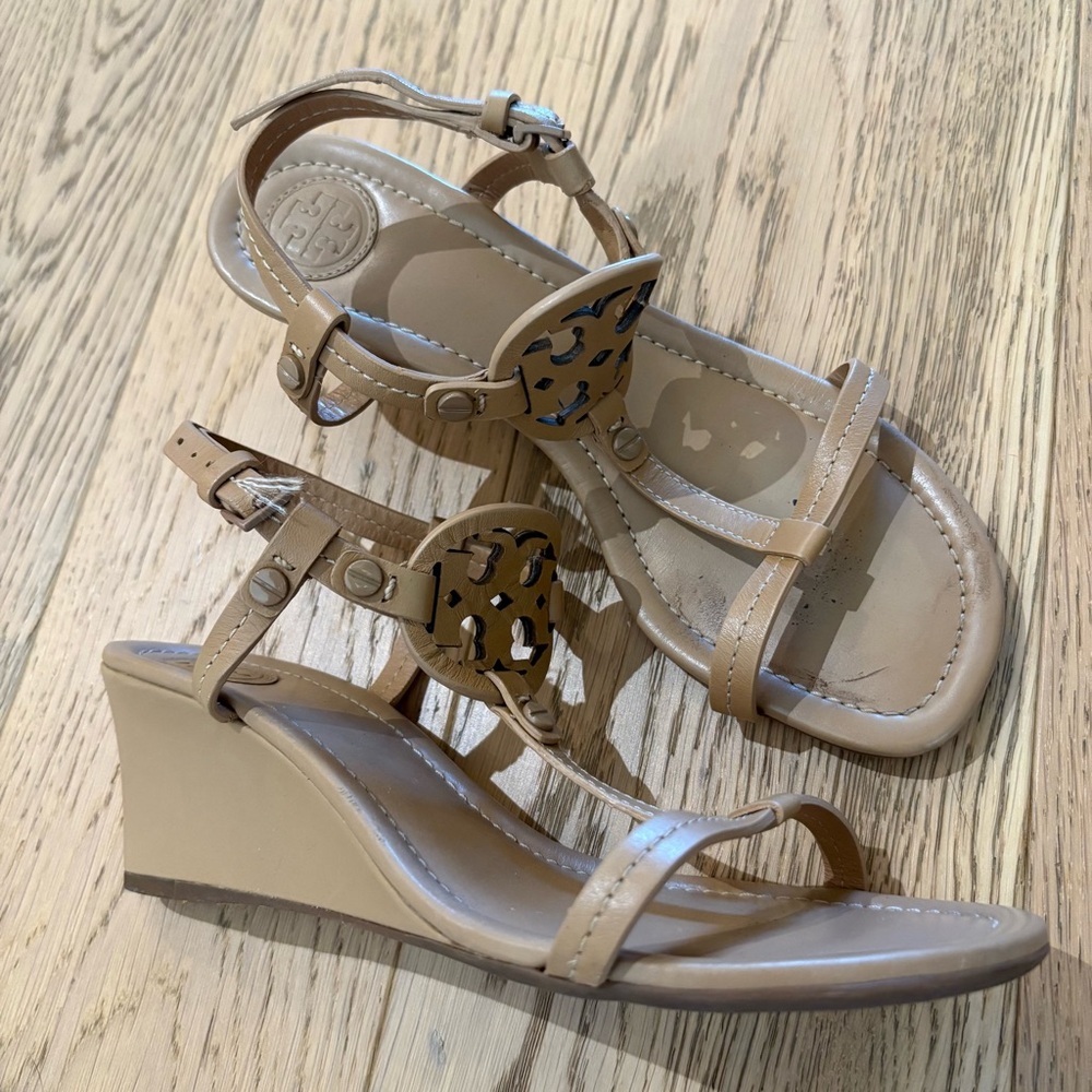 Tory Burch Tan Wedge Sandals with Strappy Details